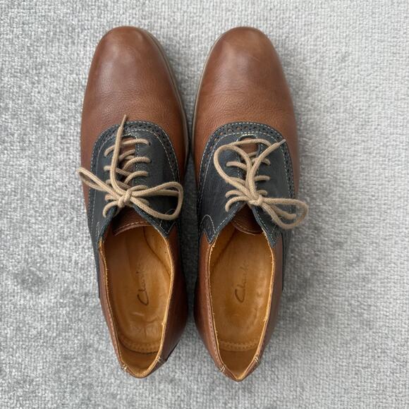 Clarks Shoes Mens Size 9 Brown Two Tone Leather Saddle Oxford Lace Up Casual - Picture 5 of 12